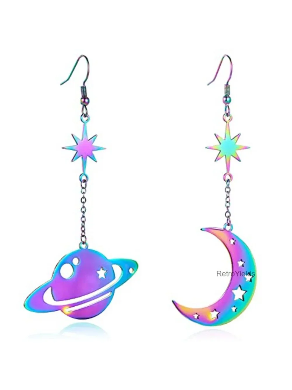 Asymmetrical Celestial Moon Star Saturn Dangle Earrings Stainless Steel